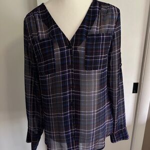 Express Blue and White Plaid Blouse with Long Sleeves